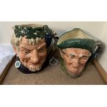 Six assorted Royal Doulton character jugs including the Poacher D6429, Robin Hood D6527,