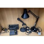An Anglepoise lamp, 4 channel microphone mixer,