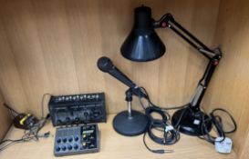 An Anglepoise lamp, 4 channel microphone mixer,