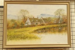 Mike Knight A village by a pond Oil on board Signed Together with three other oil paintings by the