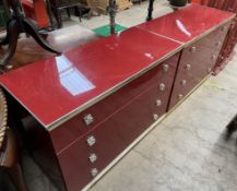 A pair of red lacquered and gilt metal mounted chest of drawers