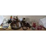 A studio pottery coffee set together with a pottery bowl, pottery goblets, resin figures,