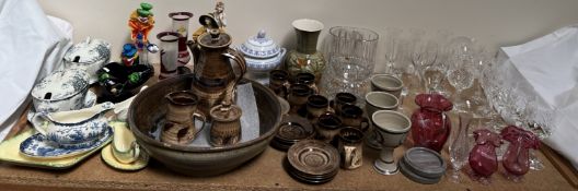 A studio pottery coffee set together with a pottery bowl, pottery goblets, resin figures,