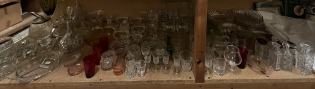 Assorted glasswares including decanters, drinking glasses, sundae dishes, bowls,