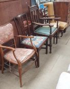 A Victorian prie dieu together with three elbow chairs and a George III mahogany dining chair