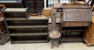 An oak bureau bookcase together with an oak bookcase and a vase decorated back stool