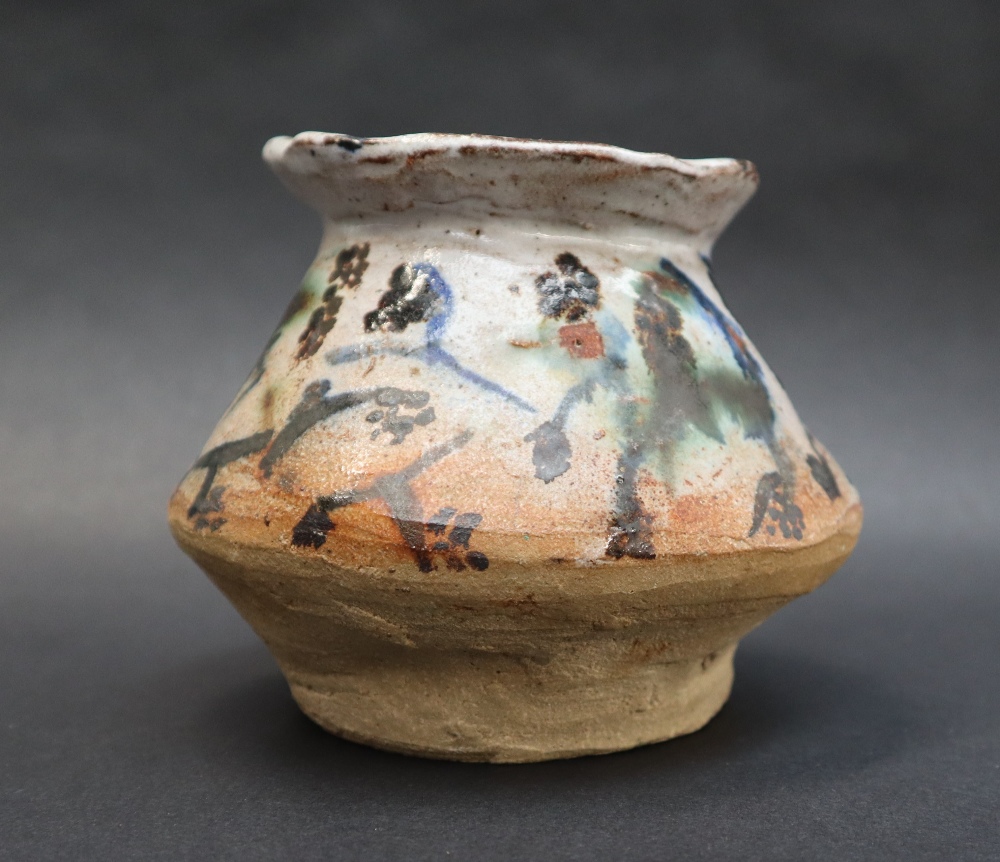A studio pottery vase with abstract decoration, various painted marks to the base, 10.