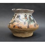 A studio pottery vase with abstract decoration, various painted marks to the base, 10.