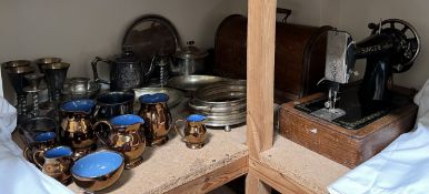 Assorted electroplated wares together with crested copper lustre and a singer sewing machine