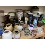 A Poole pottery vase together with assorted studio pottery, Delft vases, glasswares, scarves,