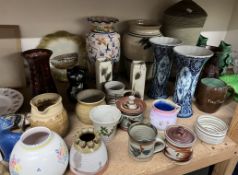 A Poole pottery vase together with assorted studio pottery, Delft vases, glasswares, scarves,