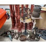 Flat irons together with a shoe last, tree stand, cast iron bird bath, cast iron table base,