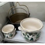 Two Masons Chartreuse pattern jardinieres together with two bronze cooking pots