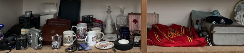 Royalty memorabilia together with glass decanters, flatwares, tabard, cameras,