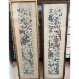 A pair of Japanese embroidered panels depicting figures in a landscape