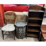 A bone and mother of pearl inlaid occasional table of octagonal form together with a balloon back