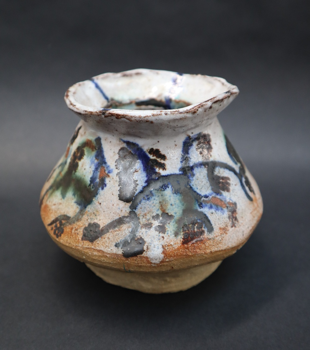 A studio pottery vase with abstract decoration, various painted marks to the base, 10. - Image 3 of 10