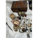 A white metal mounted oak jewellery box, together with assorted wristwatches, cufflinks,
