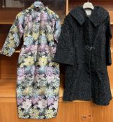 A Japanese dress decorated with chrysanthemums together with an Astra fur coat