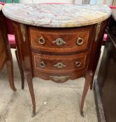 A continental marble topped side cabinet with a D shaped top above two drawers on square tapering