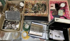 A silver open faced pocket watch together with assorted costume jewellery and coins