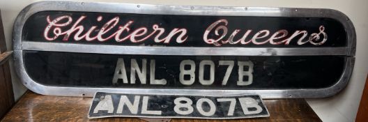 A Chiltern Queens Coach sign of oval form with an aluminium frame together with a number plate ANL