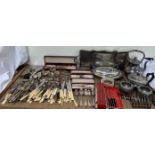 Assorted electroplated flatwares together with electroplated trays,
