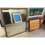 A rectangular gilt framed wall mirror together with a print and another picture