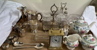 A Royal Doulton Floradora micro three piece teaset together with a desk clock and assorted