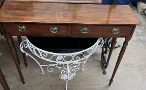 A 20th century mahogany side table of rectangular form and two drawers on turned legs together with