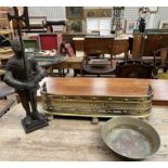 A knight fire side tidy together with a brass fire fender and a brass bowl