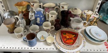 A Burleighware corn stook jug together with other jugs, Pool pottery dish,