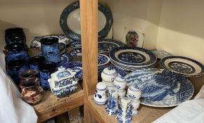 Assorted Ewenny pottery jugs, vases etc together with various blue and white plates,