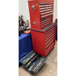 Clarke HD Plus tool boxes with sliding drawers together with assorted tools and another toolbox and