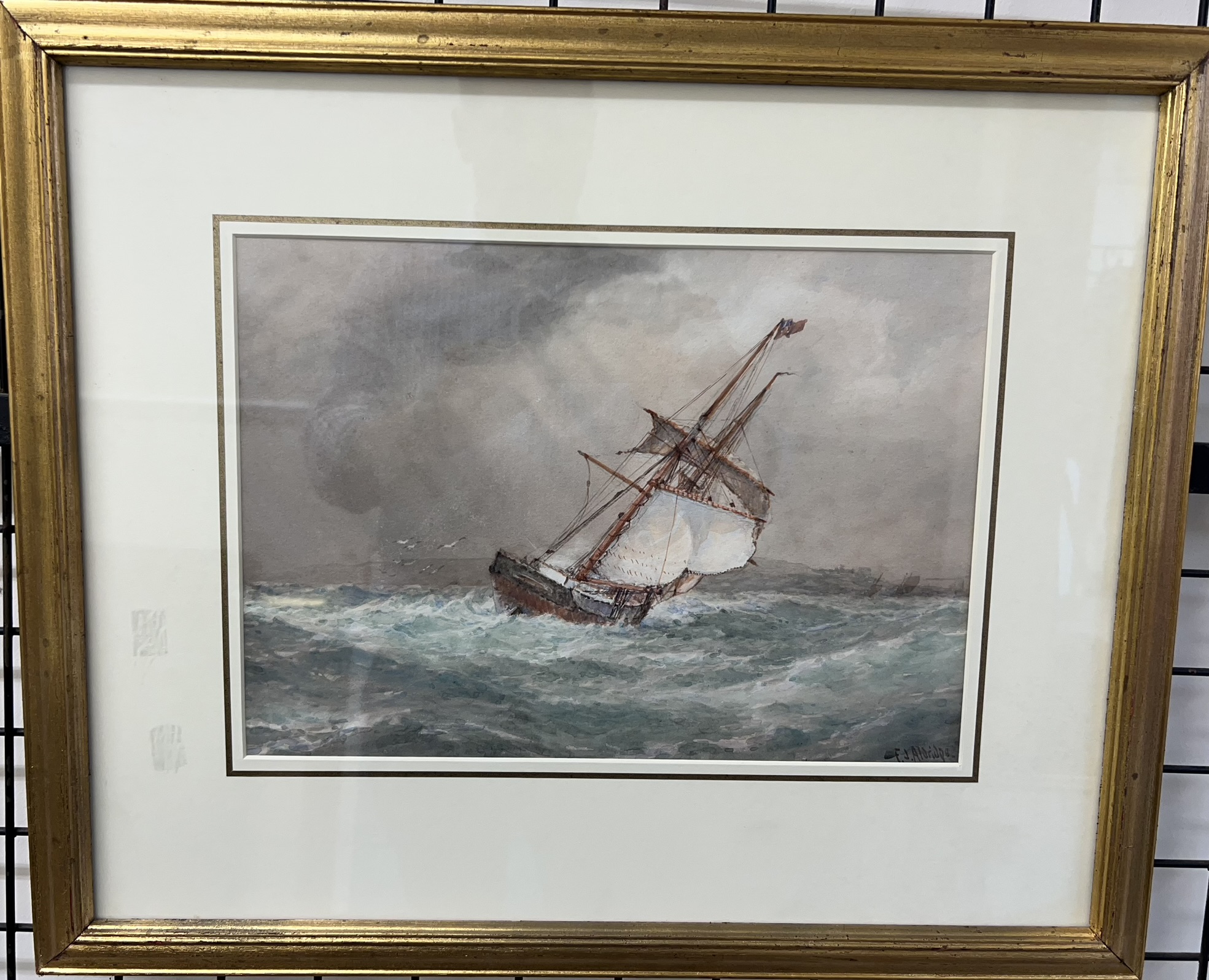 F J Aldridge Boat on a choppy sea Watercolour Signed 25 x 35cm