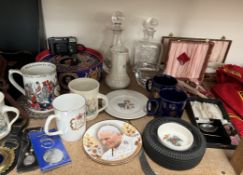 Royalty memorabilia together with glass decanters, flatwares, tabard, cameras,