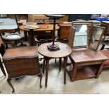 An oak side table of square form together with a gilt triptych mirror, an occasional table,