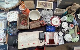 A glass part dressing table set together with carnival glass, cased flatwares,