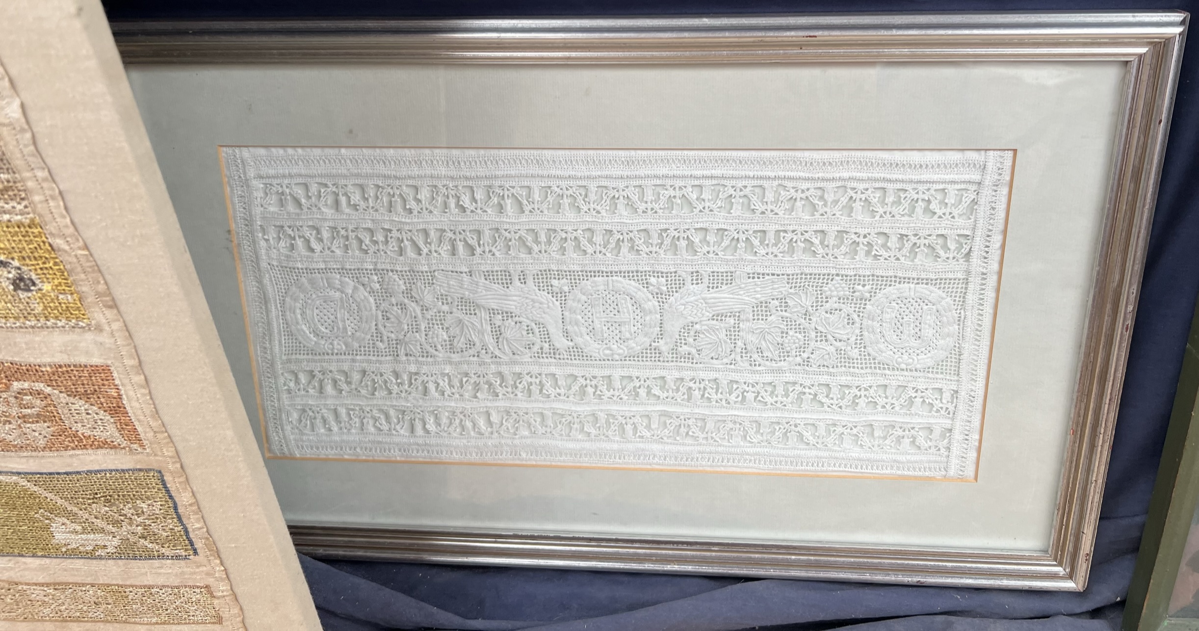 A silk waistcoat embroidered with roses and other flowers (framed) together with a sampler - Image 3 of 7