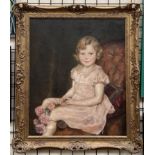 N Harvey A portrait of a young girl seated holding a bunch of flowers Oil on canvas Signed and