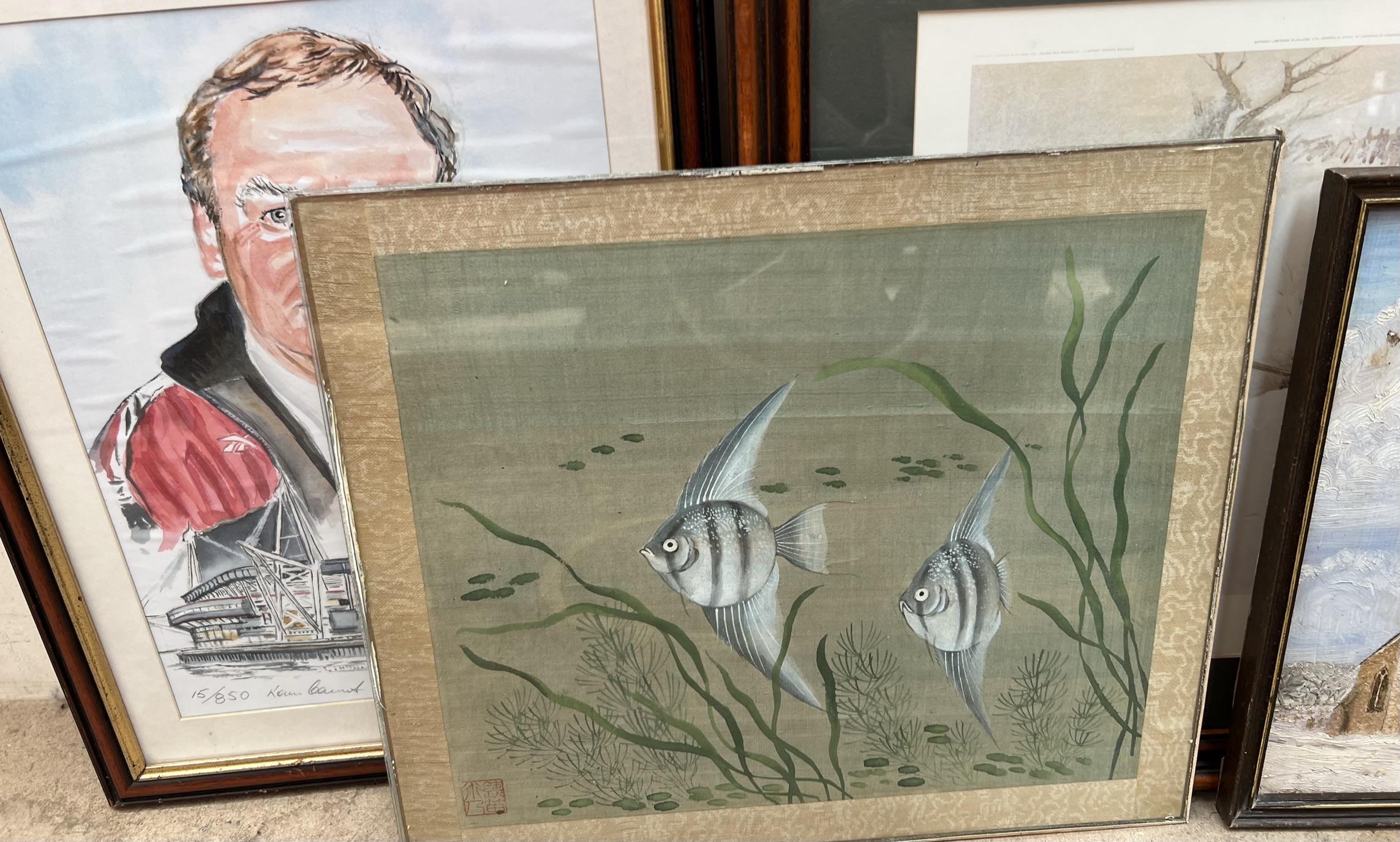 A Chinese watercolour of Angel fish together with a large quantity of paintings and prints - Image 2 of 2