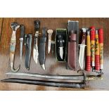 An Indian hardstone set dagger together with a bayonet, buck knife, other knives,