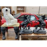 A cast iron and brass footman together with a pair of spelter Marley's horses and a Staffordshire