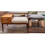 A teak telephone table with two drawers on tapering legs together with a stool