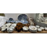 A Ridgeway golden amber part tea set together with a blue and white part tea and dinner service,