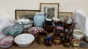 Assorted copper lustre jugs together with a soup tureen and cover, pottery bowls,