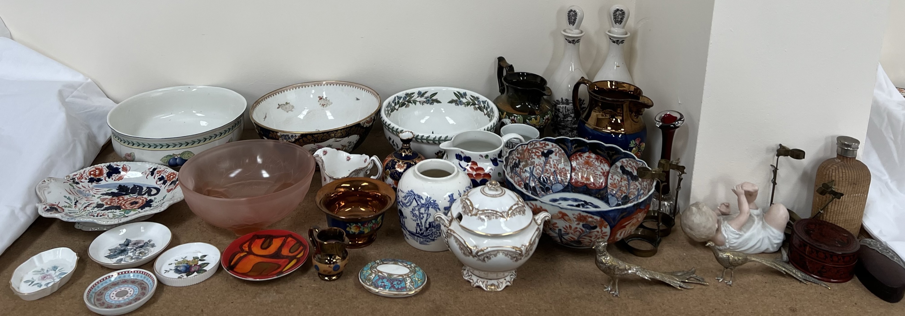 A Japanese Imari bowl together with pottery and glass bowls, copper lustre jugs, Poole pottery dish, - Image 3 of 3