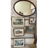 An Edwardian mahogany framed wall mirror together with a watercolour of Highland cattle and various