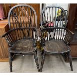 A pair of stick back Windsor chairs on ring turned legs