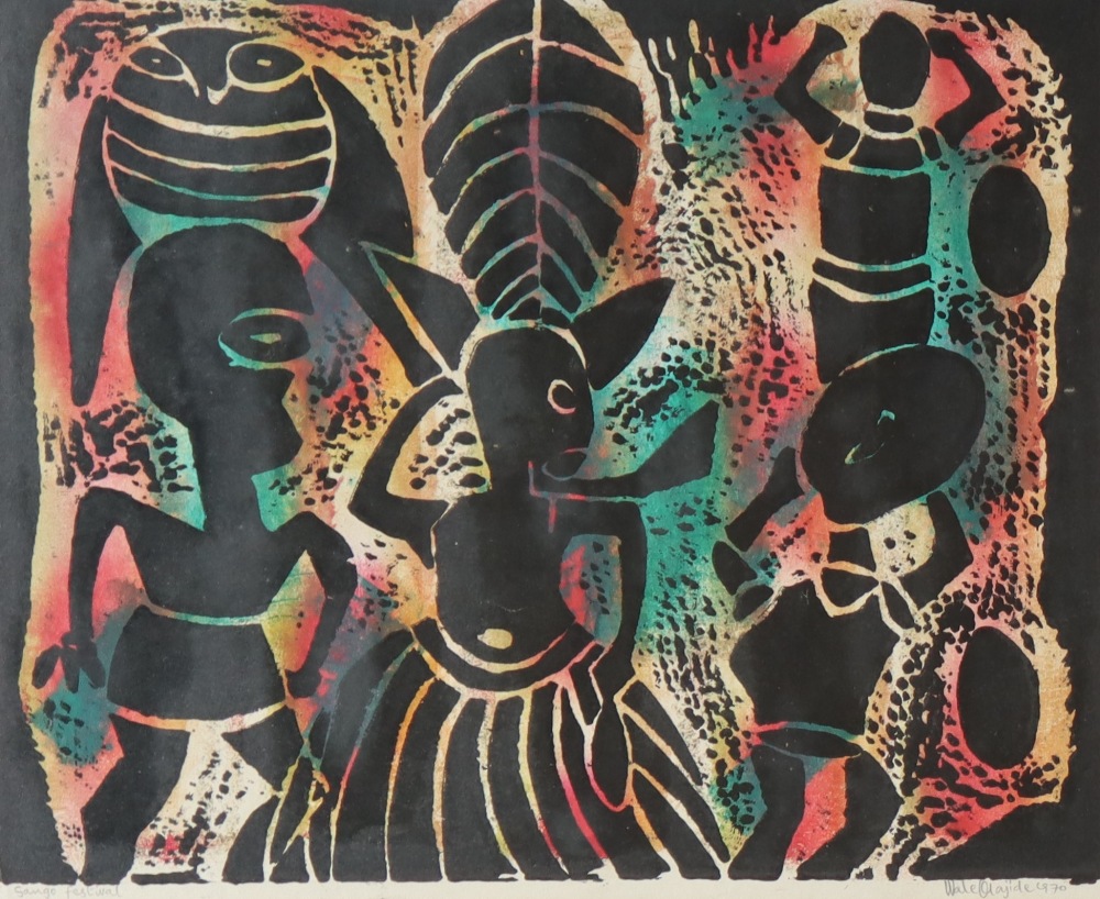 Wale Olajide Sango Festival Woodblock print Signed and titled in pencil to the margin